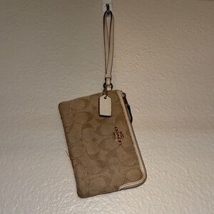 Coach Tan Signature Canvas Wristlet with Chalk Trim